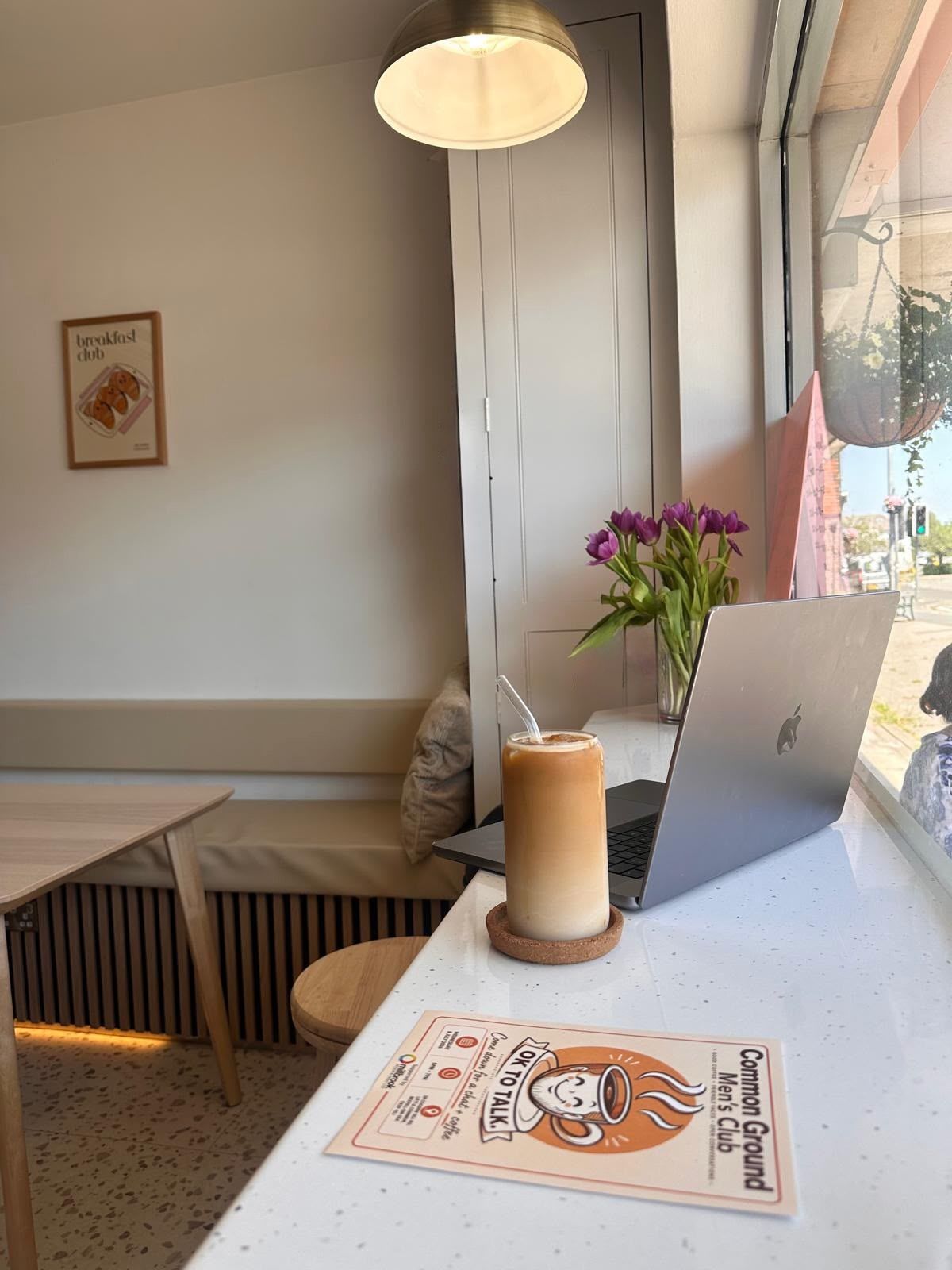 The window bar seating at Little Coffee, looking out onto the street